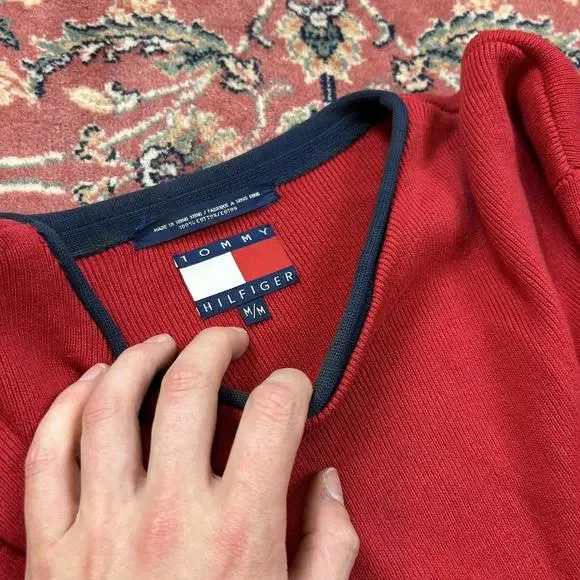 Vintage Tommy Hilfiger Knitted Jumper Red 90s Cotton - Picture 4 of 7
